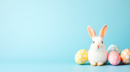 Obraz premium easter bunny with easter eggs - blue studio background. 