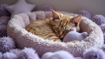 Adorable Ginger Kitten Napping in Lavender Plush Pet Bed with Soft Toys, Cozy Cat Lifestyle Photography