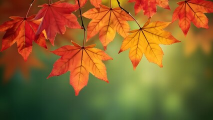 Fototapeta premium Vibrant Autumn Maple Leaves, Red, Orange, Yellow Foliage with Green Blurred Background - Seasonal Fall Nature Photography