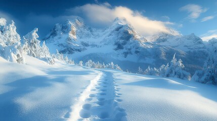 Obraz premium Serene Winter Wonderland: Footprints in Snow, Majestic Peaks