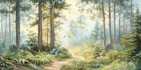 Obraz premium Serene Morning Walk Through an Enchanting Pine Forest Path, Sunlit Trees and Lush Greenery