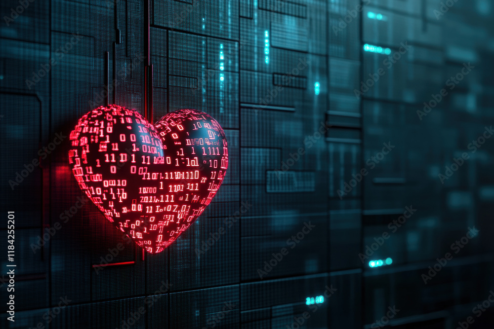 Poster digital heart, a digital heart design made of glowing binary code, ideal for technology, love, or di
