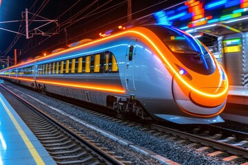 Fototapeta premium Brightly lit high-speed train departing from the station at night with colorful lights illuminating the platform
