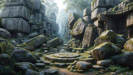 a fantastical landscape, featuring a winding path through a forest of towering, ancient-looking stone pillars and boulders. The scene is rendered in a realistic style with a soft, diffused light that 