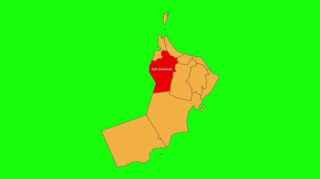 Adh Dhahirah map animated video. The location is highlighted on the Oman map. Colour map with Green screen background in video format.	
