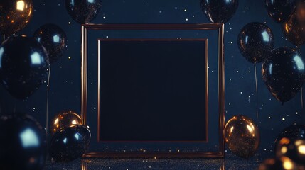 Obraz premium Black and gold balloons framing photo on blue glitter background
