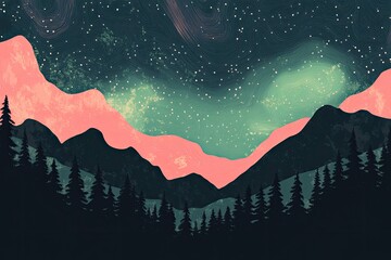 Majestic mountains silhouetted against cosmic night sky filled w