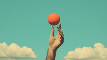 Hand balancing orange sphere against blue sky.