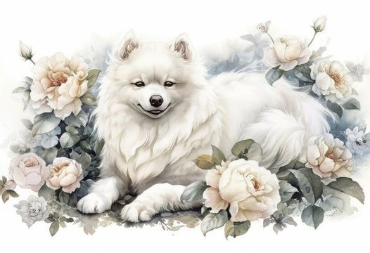 white pomeranian watercolor., watercolor style, Generative AI