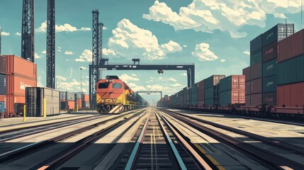 Fototapeta premium Dynamic train arrival at industrial dock container yard digital art urban landscape wide-angle perspective