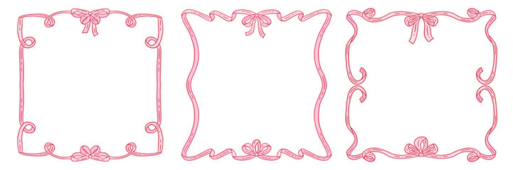 Coquettish elegant decorative frames set featuring a ribbon bow design with flowing hand drawn contours. Vector flat illustration for invitations, cards, and artistic projects