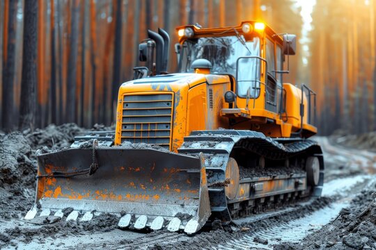 Bulldozer operates on a forest road surrounded by tall trees during early morning light