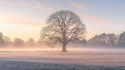 Sunlit misty meadow at dawn a serene pastel landscape