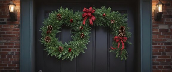 Fototapeta premium A festive holiday wreath made of evergreen branches and pinecones on a front door, Evergreen Branches, Seasonal Welcome