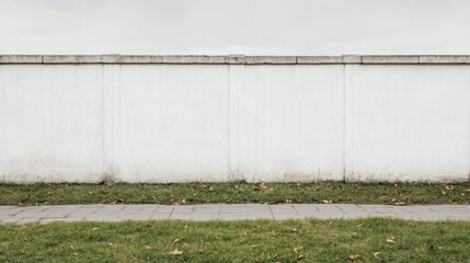Long white concrete wall with grass and pavement.