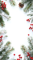 Christmas border with pine snow and red berries on white background