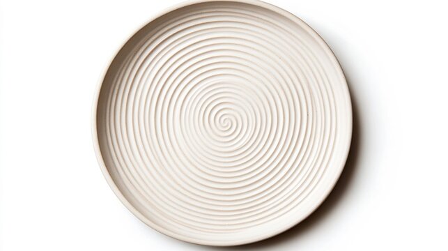Elegant white ceramic plate with a subtle spiral pattern on plain background