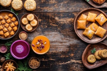 Colorful assortment of traditional sweets arranged on rustic woo