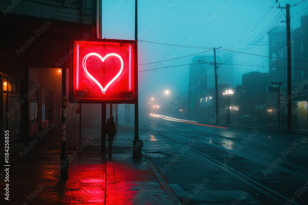 Poster digital heart, a digital heart symbol emerges in a foggy urban setting, creating a unique visual con