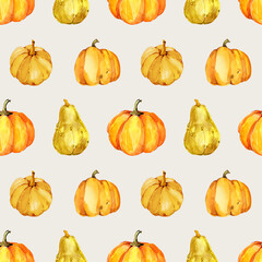 Watercolor Pumpkins seamless pattern , isolated on a white background. perfect for culinary packaging, Botanical designer paper and label design. 