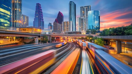 Fototapeta premium Dynamic train movement during sunset in austin texas urban landscape photography vibrant city environment