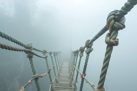 Fototapeta A rope bridge stretching across a foggy canyon, with the twisted ropes fading into the mist.