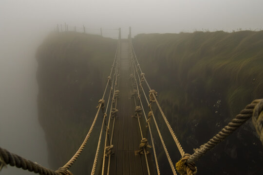 Fototapeta A rope bridge stretching across a foggy canyon, with the twisted ropes fading into the mist.
