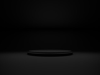 Podium or pedestal on background with round stand concept. Stage with spotlight. Blank product shelf. Black color. 3D rendering.