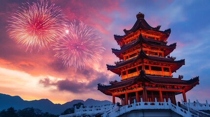 Vibrant Fireworks Lighting Up Traditional Chinese Temple in Dramatic Night Sky