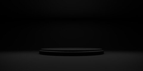 Podium or pedestal on background with round stand concept. Stage with spotlight. Blank product shelf. Black color. 3D rendering.