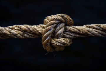 A rope tied in a knot, its rough fibers contrasting with the smooth, dark background.