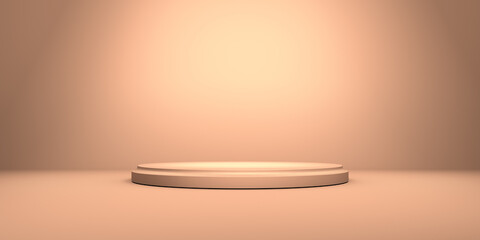 Podium or pedestal on background with round stand concept. Stage with spotlight. Blank product shelf. Peach color. 3D rendering.