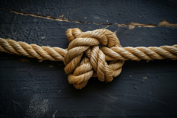 A rope tied in a knot, its rough fibers contrasting with the smooth, dark background.