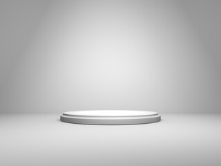 Podium or pedestal on background with round stand concept. Stage with spotlight. Blank product shelf. White color. 3D rendering.
