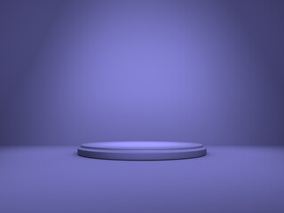 Podium or pedestal on background with round stand concept. Stage with spotlight. Blank product shelf. Violet color. 3D rendering.