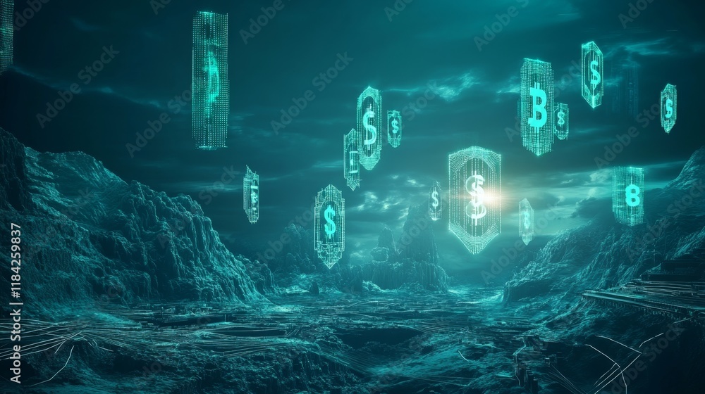 Poster digital currency revolution virtual landscape 3d render futuristic environment dynamic perspective c