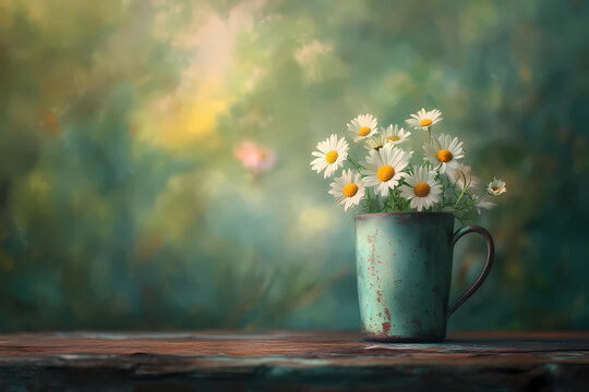 A vase of white daisies sits on a wooden table - Powered by Adobe