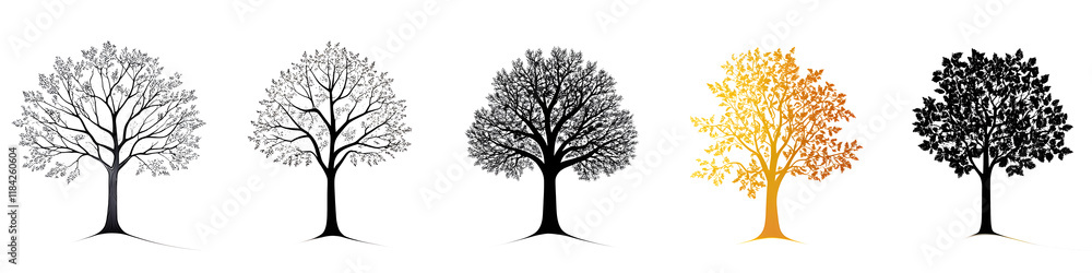 Poster set of elegant tree silhouette shapes in various seasons styles and colors minimalist abstract and n