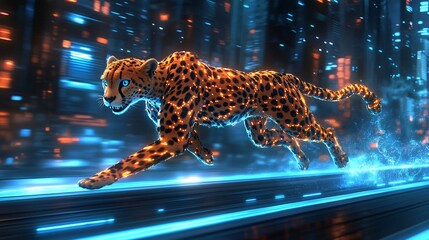 A futuristic robotic cheetah running gracefully through a glowing cityscape