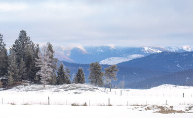 The snow covered mountains of Montana in winter