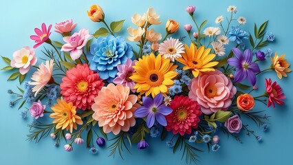 Vibrant Blue Floral Composition, A Dynamic Bouquet of Colorful Paper Flowers
