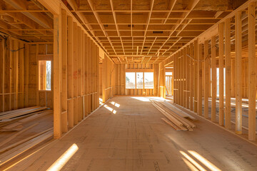 Sunlit room under construction with exposed wooden framing and open windows, showcasing building progress.