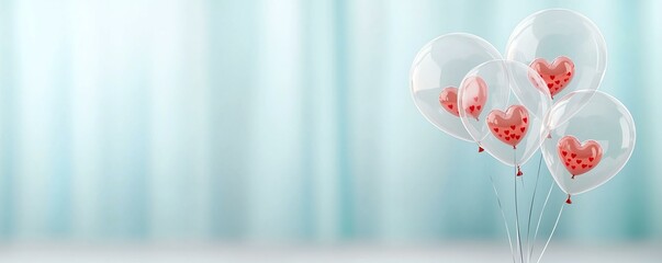 Heart-shaped balloons with red confetti float elegantly, celebrating valentine moments with a touch of special joy in a serene background.