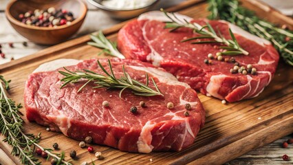 Fototapeta premium Fresh raw beef steaks on wooden board with herbs, gourmet ingredients.