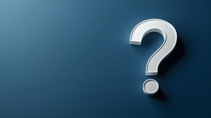 Three-dimensional white question mark stands boldly against deep blue background, featuring minimalist design with subtle shadow effects in modern composition.