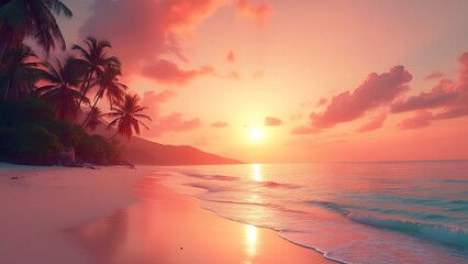 Serene Pastel Coral Sunset on Tropical Beach, Minimalist Seascape Photography