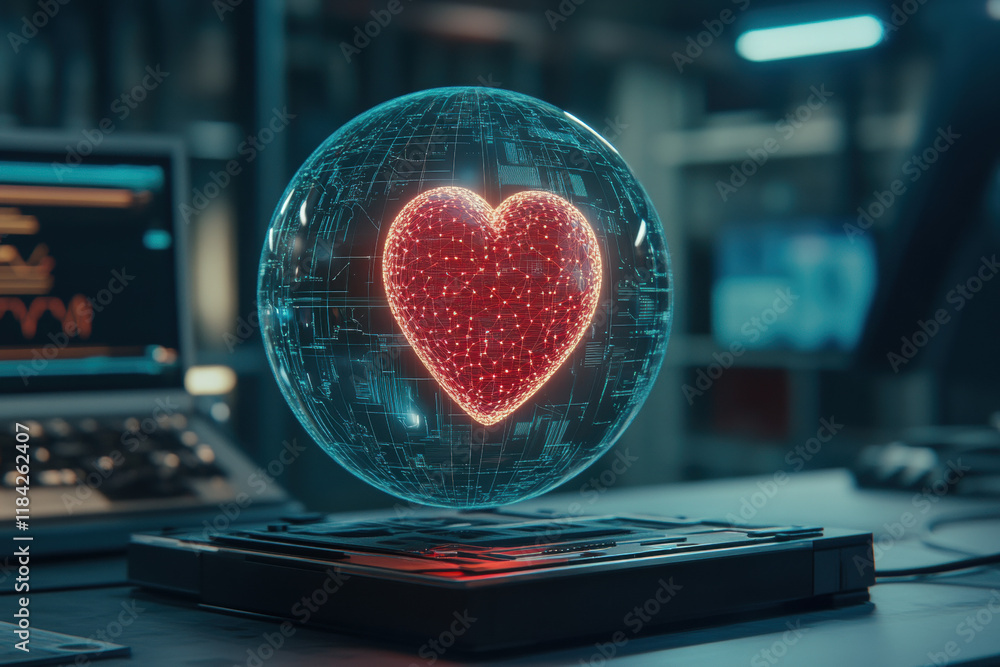 Poster digital heart, a glowing digital heart is encapsulated within a glass sphere, showcasing a blend of 