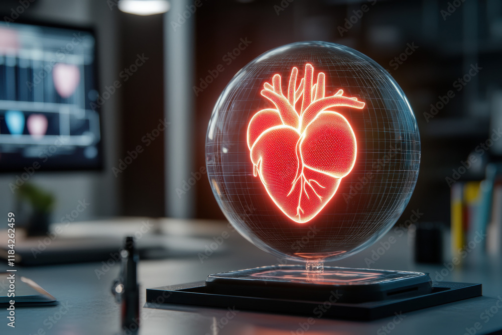 Poster digital heart, a glowing digital heart is embedded in a glass sphere, creating a captivating and mod