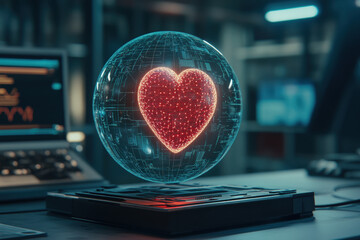 Digital heart, A glowing digital heart is encapsulated within a glass sphere, showcasing a blend of technology and emotion in a visually captivating design.