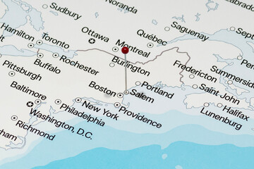 Macro photo of red pin needle into Salem city of United States of America political map 